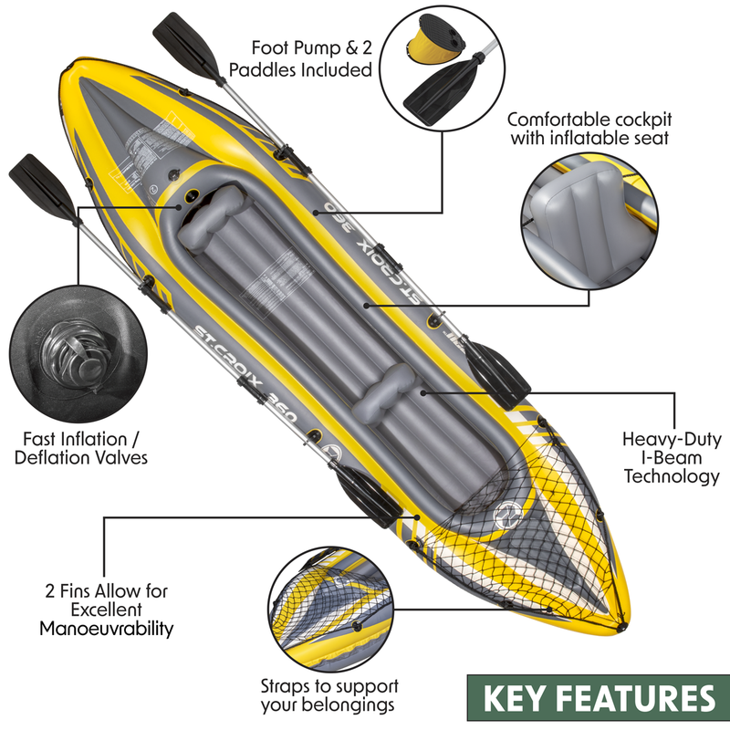 Dellonda DL155  Inflatable 2-Person Kayak/Canoe Set with Pump, Carry Bag & 2 Oars - Blue/Yellow/White