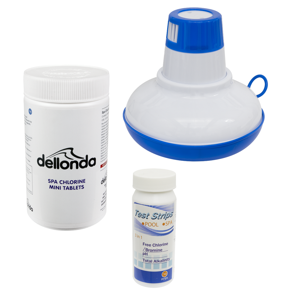 Dellonda DL97  Hot Tub/Spa & Swimming Pool Chlorine Pack includes Chlorine Mini Tabs 1kg, Chemical Floaters & 3-in-1 Test Strips