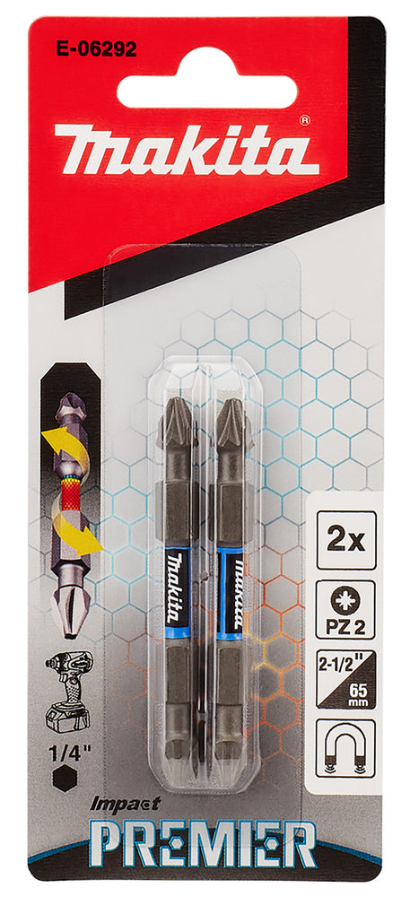 Makita E-06292 Torsion screw bit Impact Premier, PZ2 - PZ2, 65 mm, Double-end, 1/4", 2 pcs