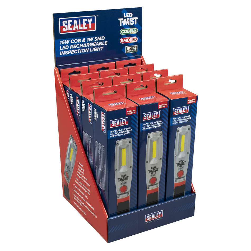 Sealey LED2001DB LED Twist Rechargeable Inspection Light 16W COB & 1W SMD - Display Box of 12