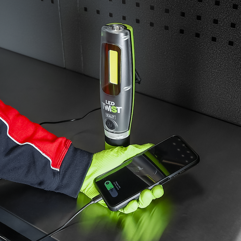SEALEY LED3001G Rechargeable LED Twist Inspection Light 20W COB + 3W SMD, 3000lm, Magnetic Base & Power Bank