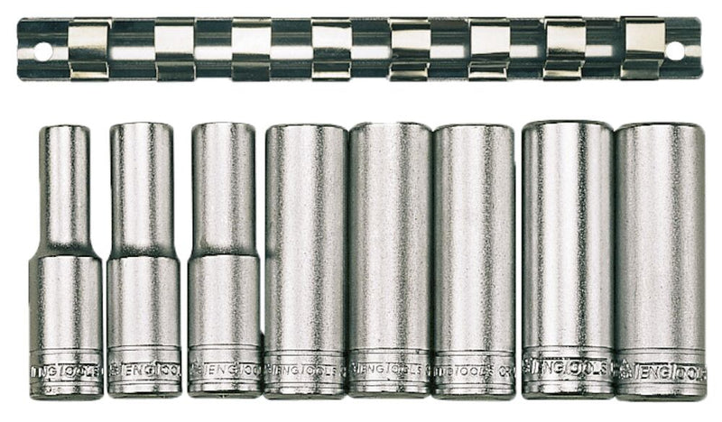 Teng Tools M1207 1/2" Drive Deep Metric Clip Rail 12 Point Socket Set 8pcs