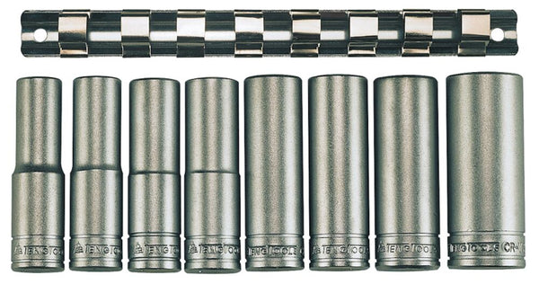 Teng Tools M1208-6 1/2" Drive Deep Metric Clip Rail 6 Point Socket Set 8 Pieces