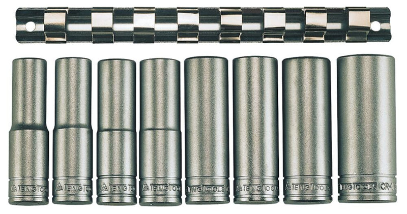 Teng Tools M1208-6 1/2" Drive Deep Metric Clip Rail 6 Point Socket Set 8 Pieces