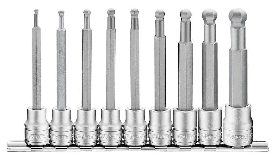 Teng Tools M3809HBN 3/8" ball point long hex bit socket clip rail set 9 pcs