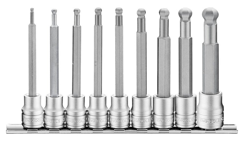 Teng Tools M3809HBN 3/8" ball point long hex bit socket clip rail set 9 pcs