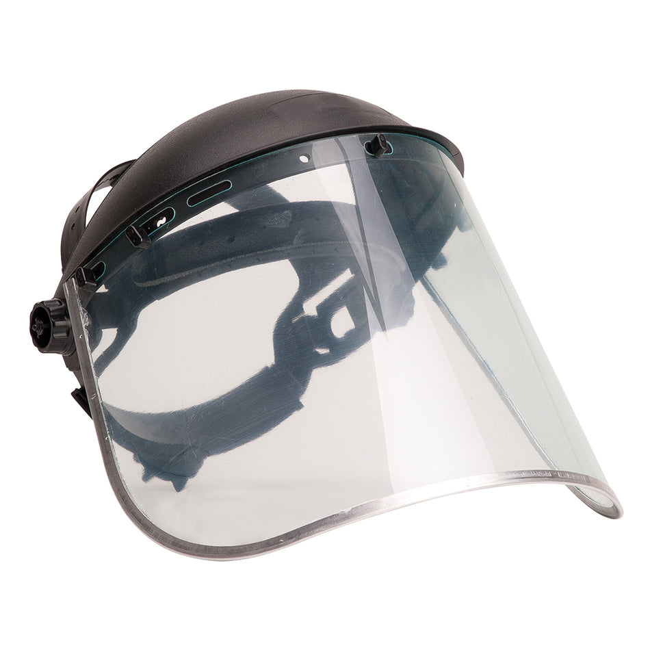 Portwest This face shield protects against molten metal splashes and hot solid projections. Superior front and side face protection. Ratchet adjustment for comfort fit. Replacement visor available (PW99).