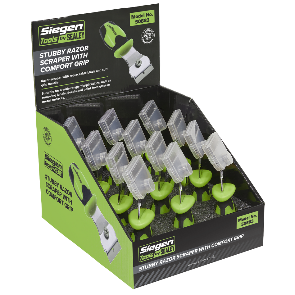 Sealey S0883 Stubby Razor Scraper with Comfort Grip - Display Box of 12