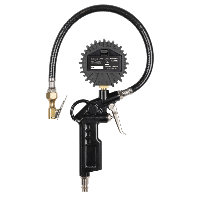 Sealey SA332D Digital Pistol Grip Tyre Inflator with Clip-On Connector