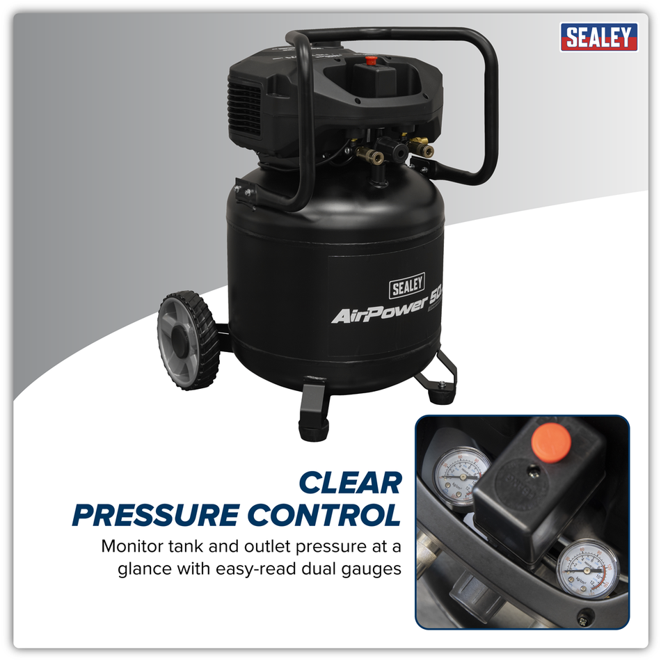 Sealey SAC50V 50L Oil Free Belt Drive Vertical Compressor 2hp