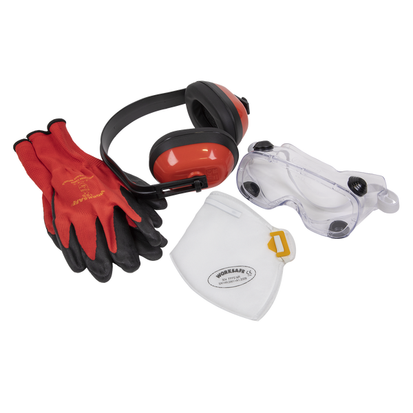 Sealey SEP4 Worksafe¨ Flexi Grip Gloves, FFP2 Mask, Goggles & Ear Defenders