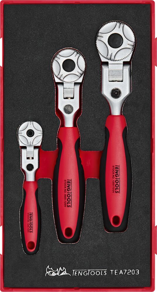 Teng Tools TEA7203 1/4", 3/8" & 1/2" Ratchet Flex Head Set FOAM1 3 Pieces