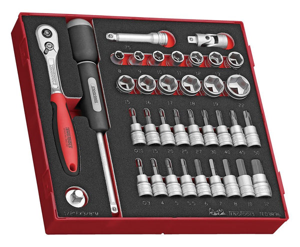 Teng Tools TED3836 3/8" Socket Set 6 pt FOAM2 36 Pieces