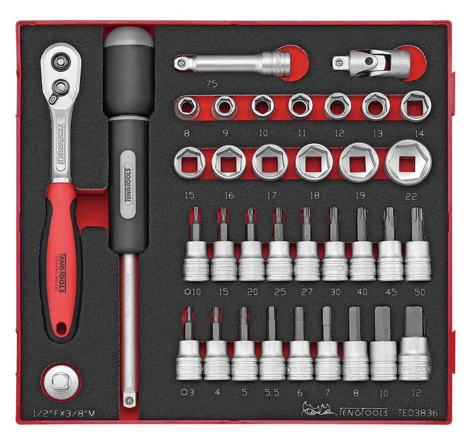 Teng Tools TED3836 3/8" Socket Set 6 pt FOAM2 36 Pieces