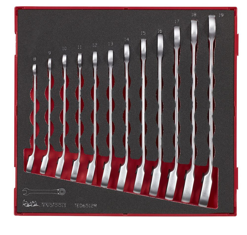 Teng Tools TED6512R Ratcheting Combination Spanner Set R FOAM2 12 Pieces