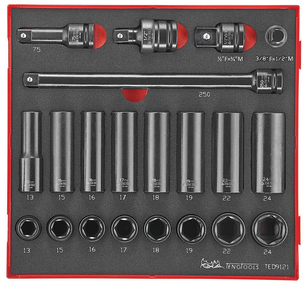 Teng Tools TED9121 Impact Socket Set 1/2" Drive 21 Pieces EVA Tray