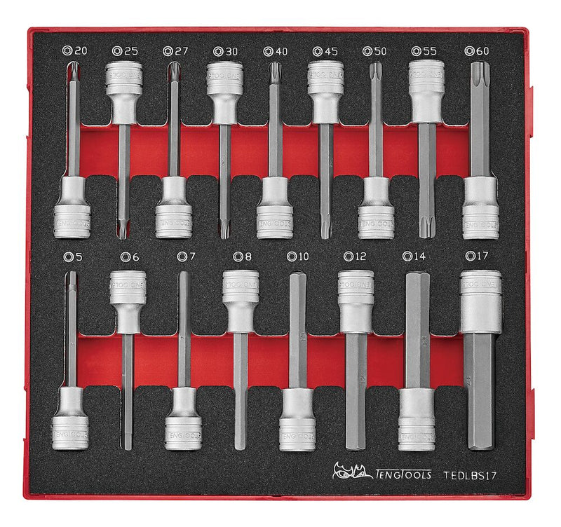 Teng Tools TEDLBS17 1/2" Long Hex & TX Bit Socket Set FOAM2 17 Pieces