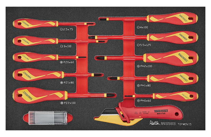 Teng Tools TEFMDV15 Insulated Screwdriver & Knife Set FOAM3 15 Pieces