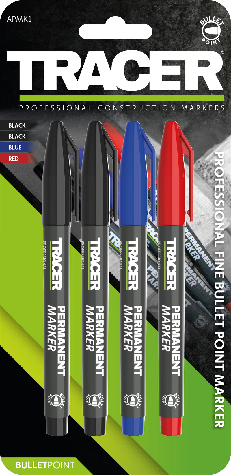 TRACER APMK1 4pc Pack of Permanent Markers - 2x Black, 1x Red & 1x Blue