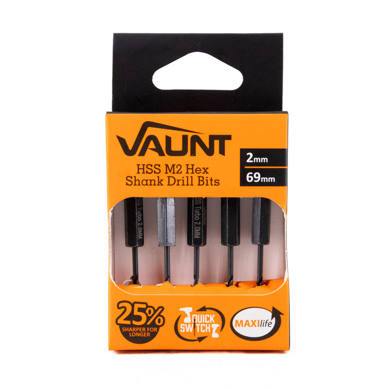 Vaunt V1324090 2.0mm 1/4'' Hex Shank HSS M2 Turbo Drill Bit - Pack of 5