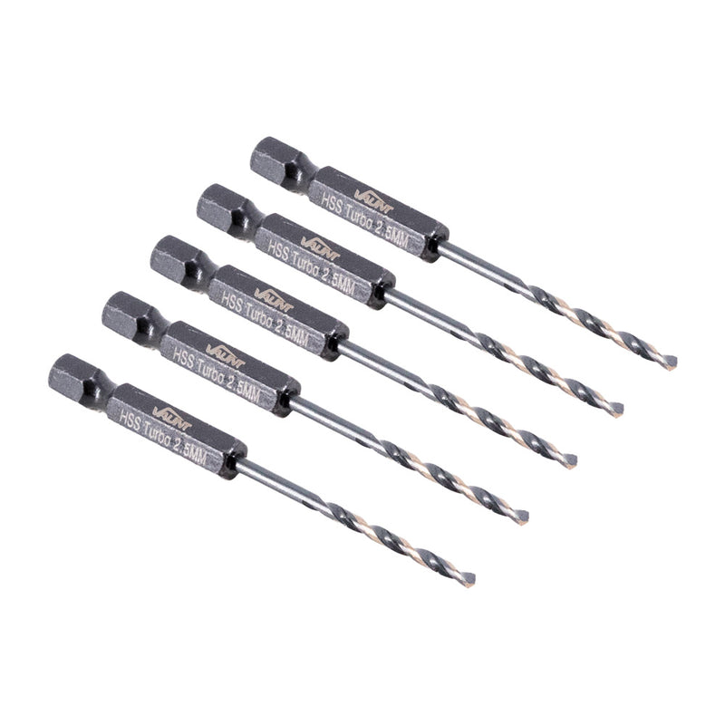 Vaunt V1324091 2.5mm 1/4'' Hex Shank HSS M2 Turbo Drill Bits - Pack of 5