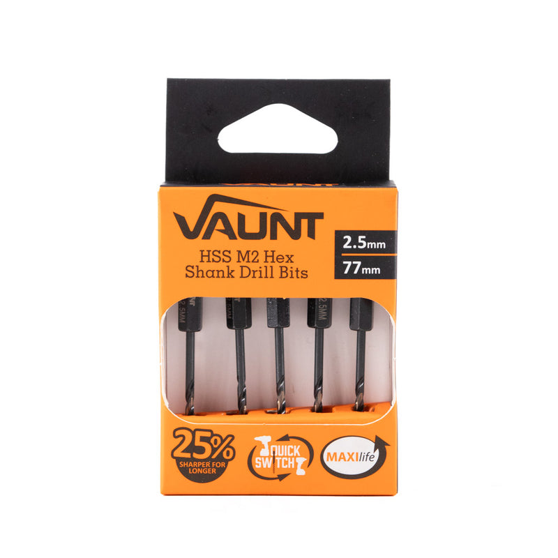 Vaunt V1324091 2.5mm 1/4'' Hex Shank HSS M2 Turbo Drill Bits - Pack of 5