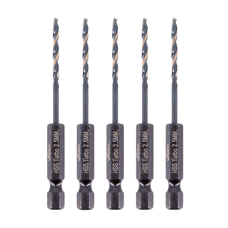 Vaunt V1324091 2.5mm 1/4'' Hex Shank HSS M2 Turbo Drill Bits - Pack of 5