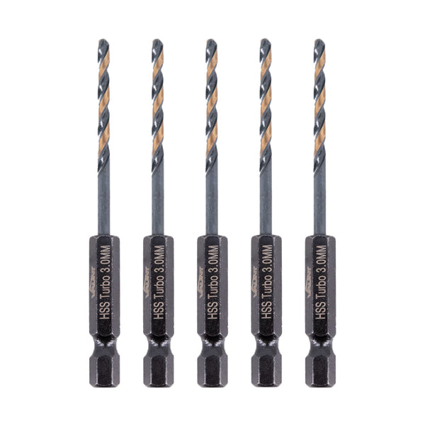 Vaunt V1324092 3.0mm 1/4'' Hex Shank HSS M2 Turbo Drill Bits - Pack of 5