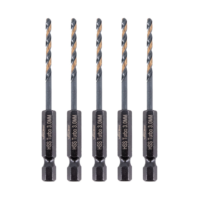 Vaunt V1324092 3.0mm 1/4'' Hex Shank HSS M2 Turbo Drill Bits - Pack of 5