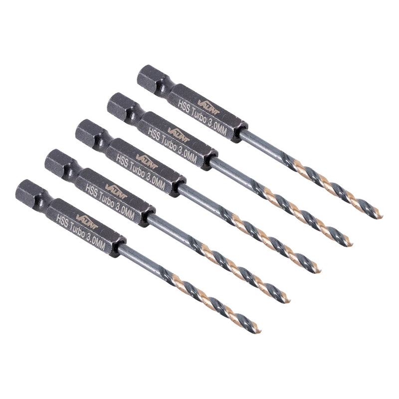 Vaunt V1324092 3.0mm 1/4'' Hex Shank HSS M2 Turbo Drill Bits - Pack of 5