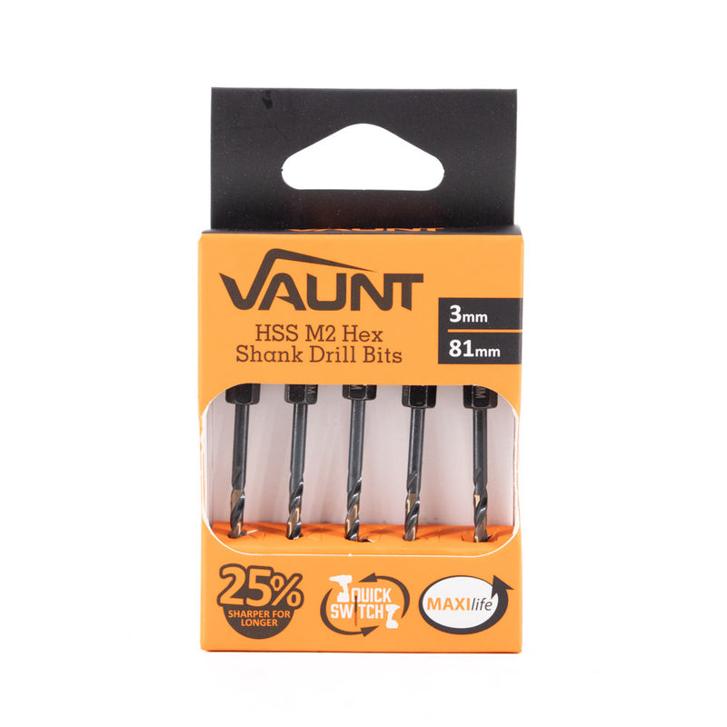 Vaunt V1324092 3.0mm 1/4'' Hex Shank HSS M2 Turbo Drill Bits - Pack of 5