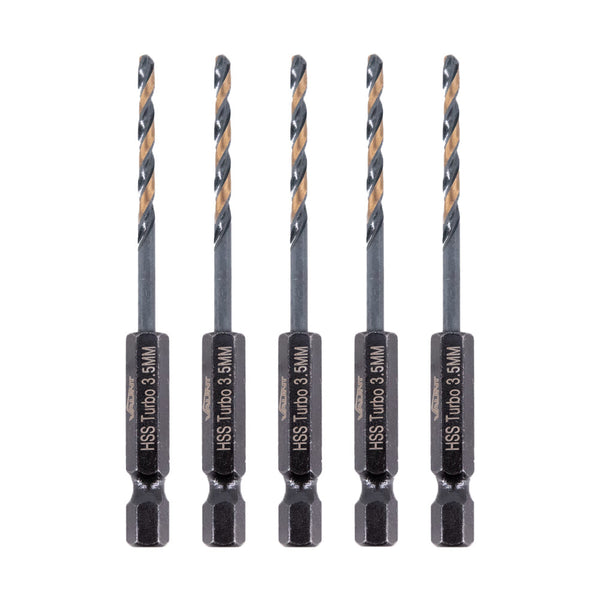 Vaunt V1324093 3.5mm 1/4'' Hex Shank HSS M2 Turbo Drill Bits - Pack of 5