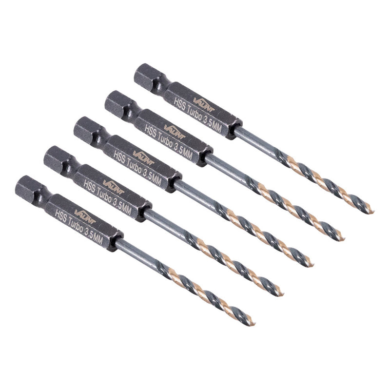 Vaunt V1324093 3.5mm 1/4'' Hex Shank HSS M2 Turbo Drill Bits - Pack of 5