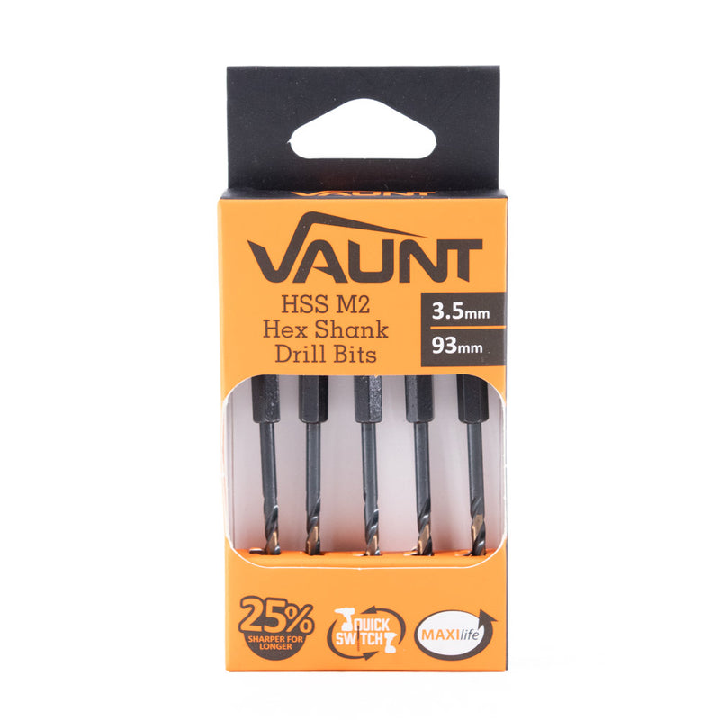 Vaunt V1324093 3.5mm 1/4'' Hex Shank HSS M2 Turbo Drill Bits - Pack of 5