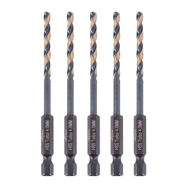 Vaunt V1324094 4.0mm 1/4'' Hex Shank HSS M2 Turbo Drill Bits - Pack of 5