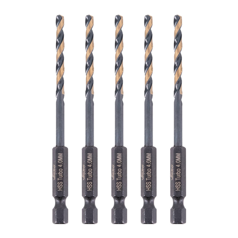 Vaunt V1324094 4.0mm 1/4'' Hex Shank HSS M2 Turbo Drill Bits - Pack of 5