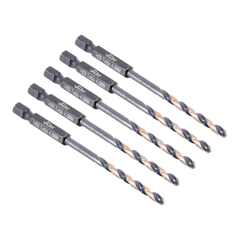 Vaunt V1324094 4.0mm 1/4'' Hex Shank HSS M2 Turbo Drill Bits - Pack of 5