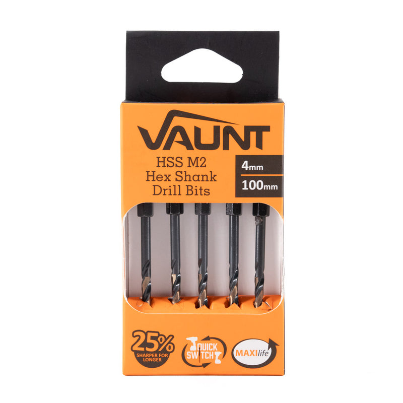 Vaunt V1324094 4.0mm 1/4'' Hex Shank HSS M2 Turbo Drill Bits - Pack of 5