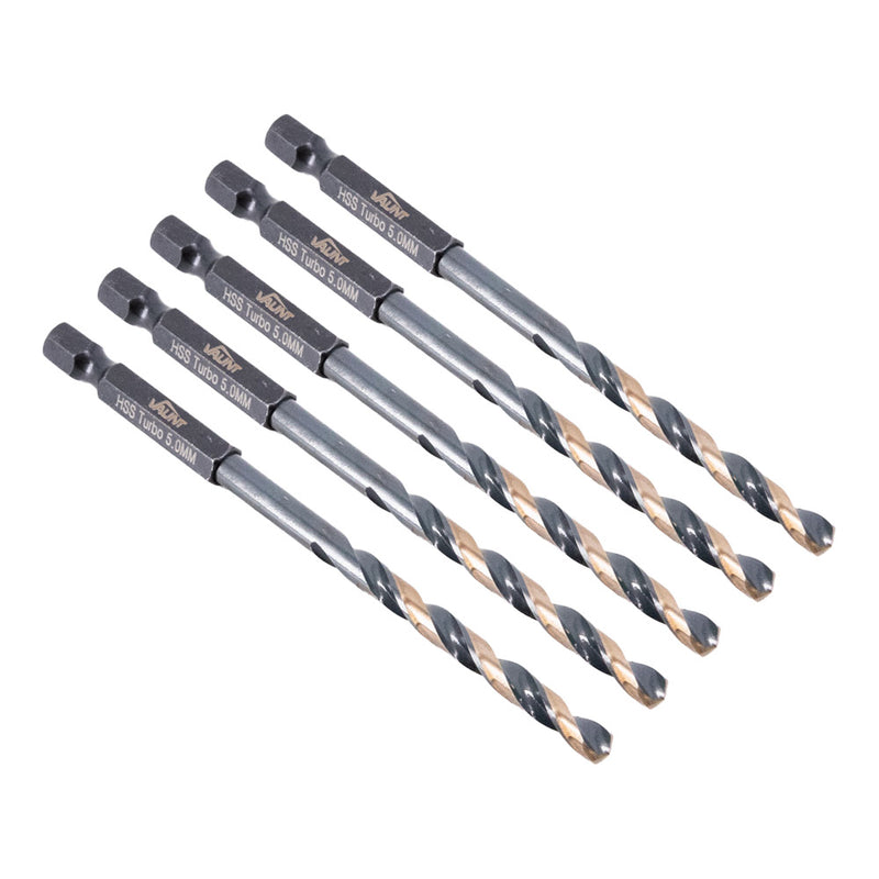 Vaunt V1324095 5.0mm 1/4'' Hex Shank HSS M2 Turbo Drill Bits - Pack of 5