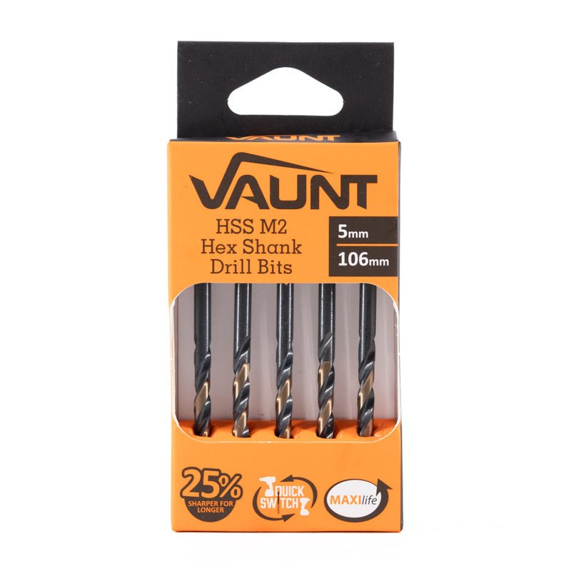 Vaunt V1324095 5.0mm 1/4'' Hex Shank HSS M2 Turbo Drill Bits - Pack of 5