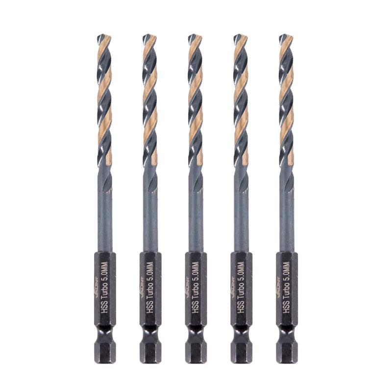 Vaunt V1324095 5.0mm 1/4'' Hex Shank HSS M2 Turbo Drill Bits - Pack of 5