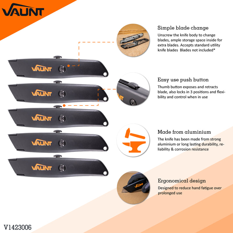 Vaunt V1423006 Black Retractable Utility Knife - Pack of 5