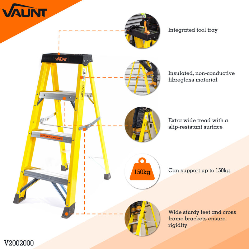 Vaunt V2002000 4 Tread Fibreglass Step Ladder - 1.11m