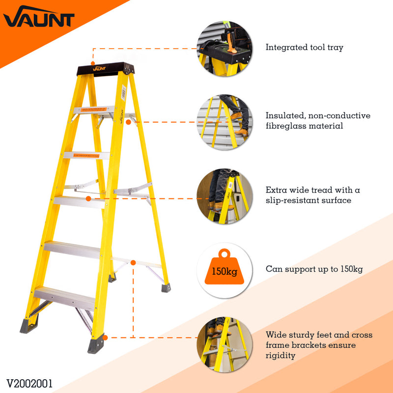 Vaunt V2002001 6 Tread Fibreglass Step Ladder - 1.67m