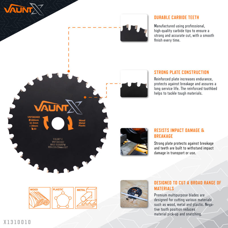 Vaunt X1310010 X 160mm x 20mm 30T TCT Multi-Purpose Circular Saw Blade with 10mm Reduction Ring