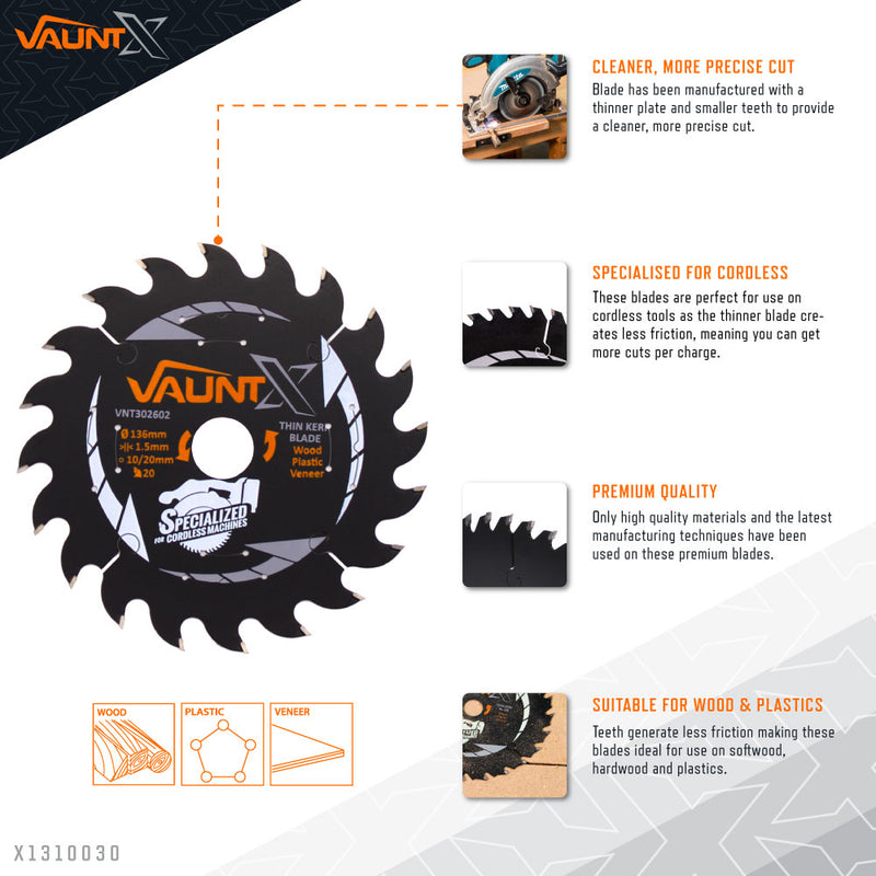 Vaunt X1310030 X 136mm x 20mm 20T TCT Circular Thin Kerf Saw Blade with 10mm Reduction Ring