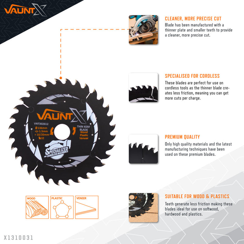 Vaunt X1310031 X 136mm x 20mm 32T TCT Circular Thin Kerf Saw Blade with 10mm Reduction Ring