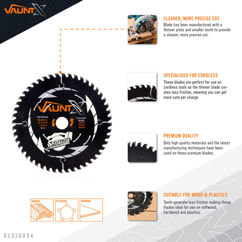 Vaunt X1310034 X 165mm x 20mm 48T TCT Circular Thin Kerf Saw Blade
