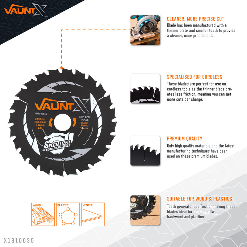 Vaunt X1310035 X 190mm x 30mm 24T TCT Circular Thin Kerf Saw Blade