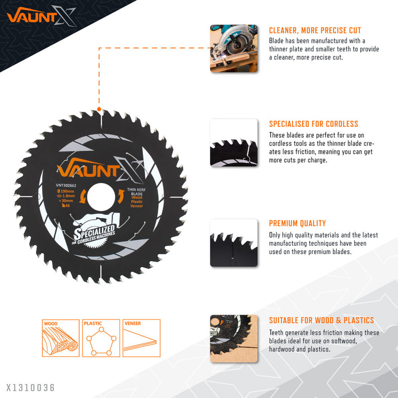 Vaunt X1310036 X 190mm x 30mm 48T TCT Circular Thin Kerf Saw Blade